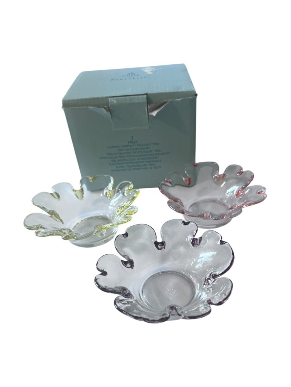 PartyLite Garden Whimsy Tealight Holders Set of 3 Pink Yellow Purple Boxed